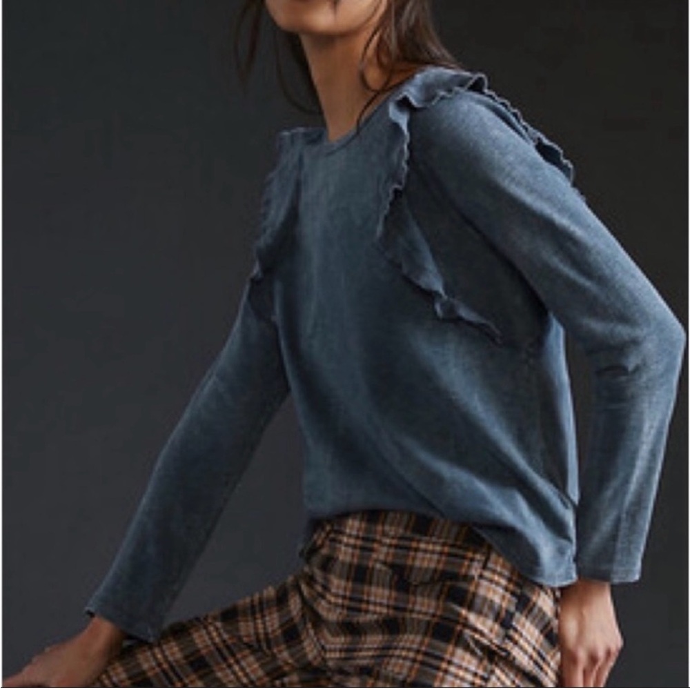 Anthropologie Eri + Ali -Washed Black-Ruffle Long Sleeve Tee